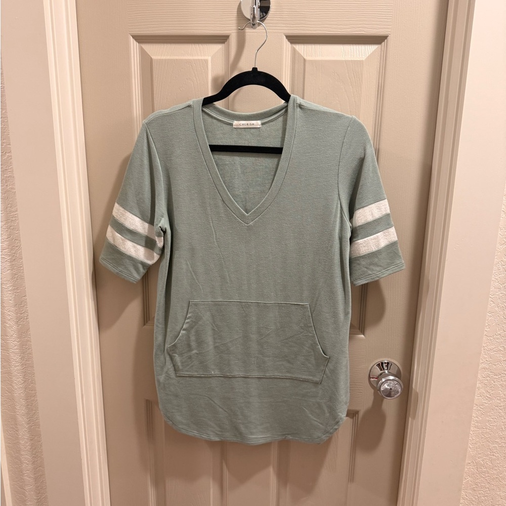 Women's Green V-Neck Top with Striped Sleeves